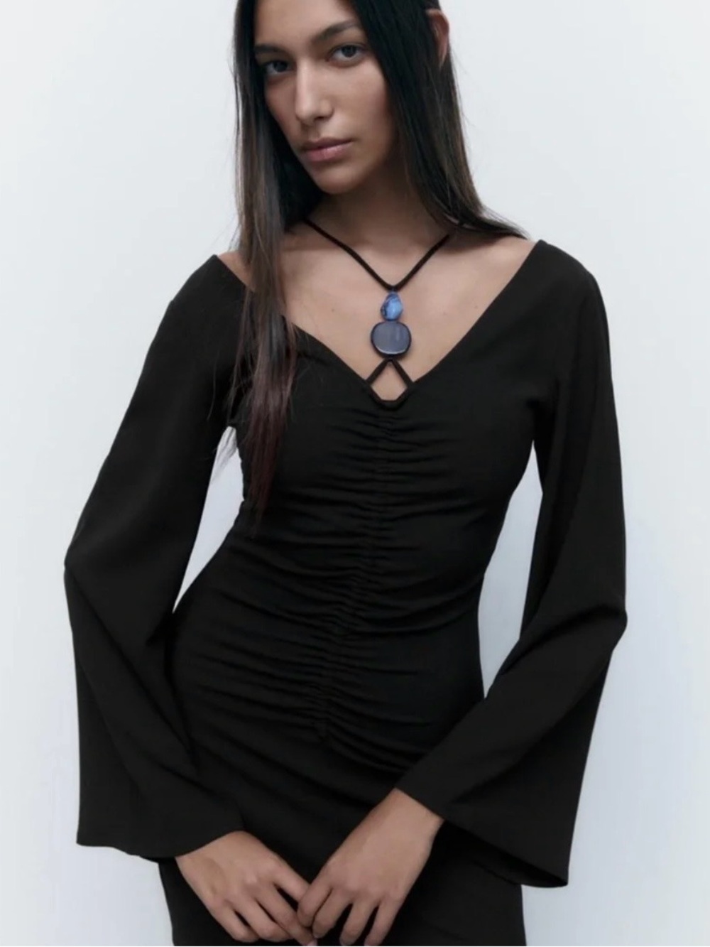 Zara Black Ruched Mini Dress Long Sleeve V-Neck NWOT Size S